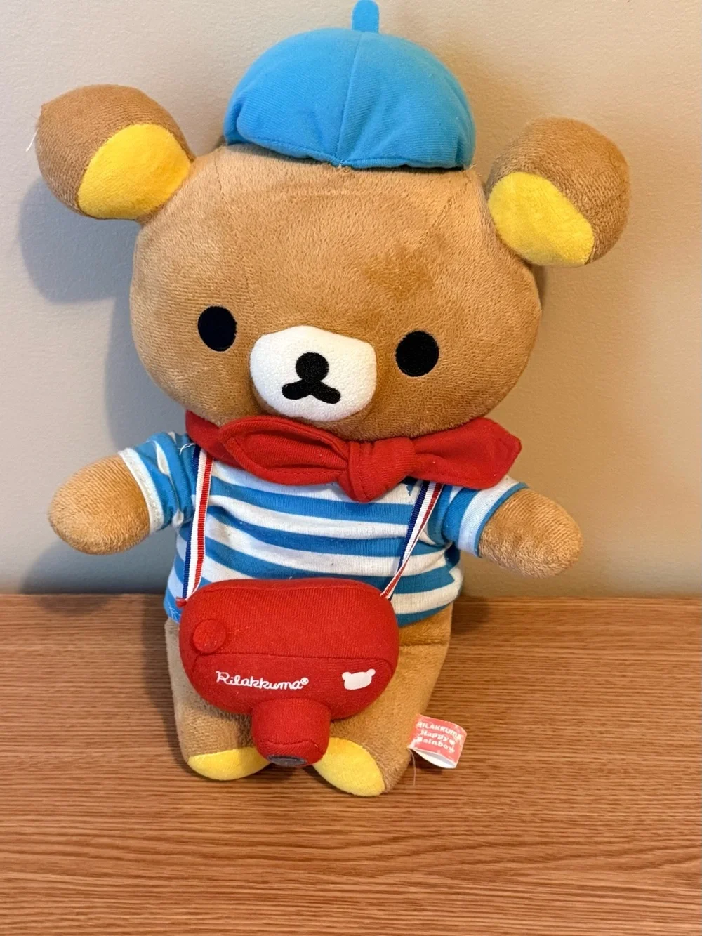 Rilakkuma Brown Plush Bear with Blue Hat & Red Camera Bag